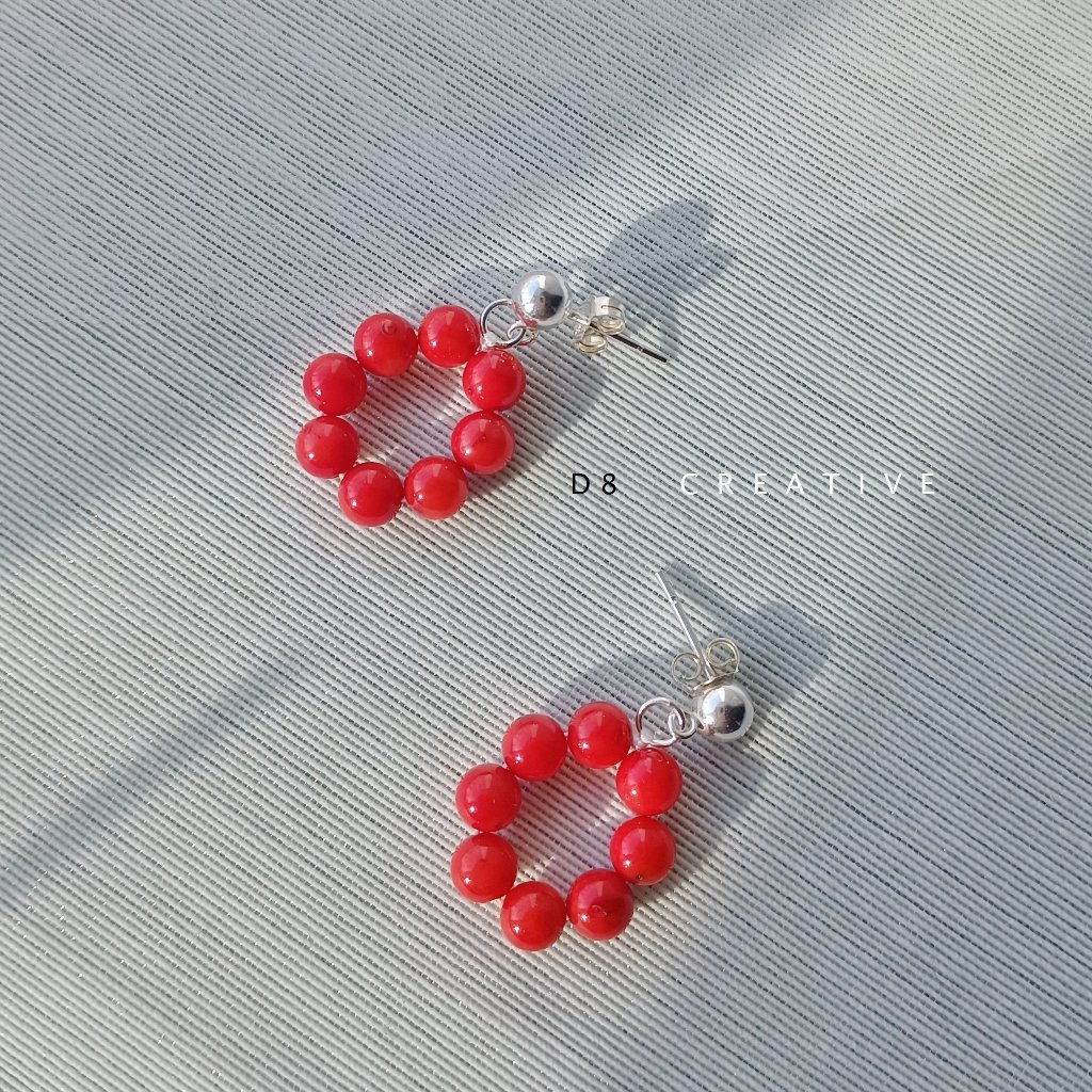 New Red Coral Flower With Sterling Silver Earring